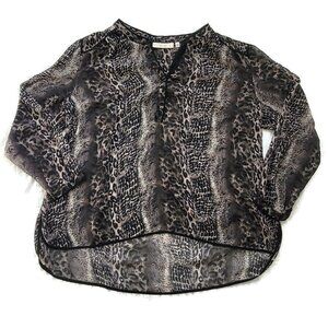 Sejour Animal Print Chiffon Blouse Pullover Sheer Black Trim V Neck 18W